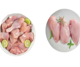 Bowl of chicken curry cut with lime beside a plate of boneless chicken breast fillets
